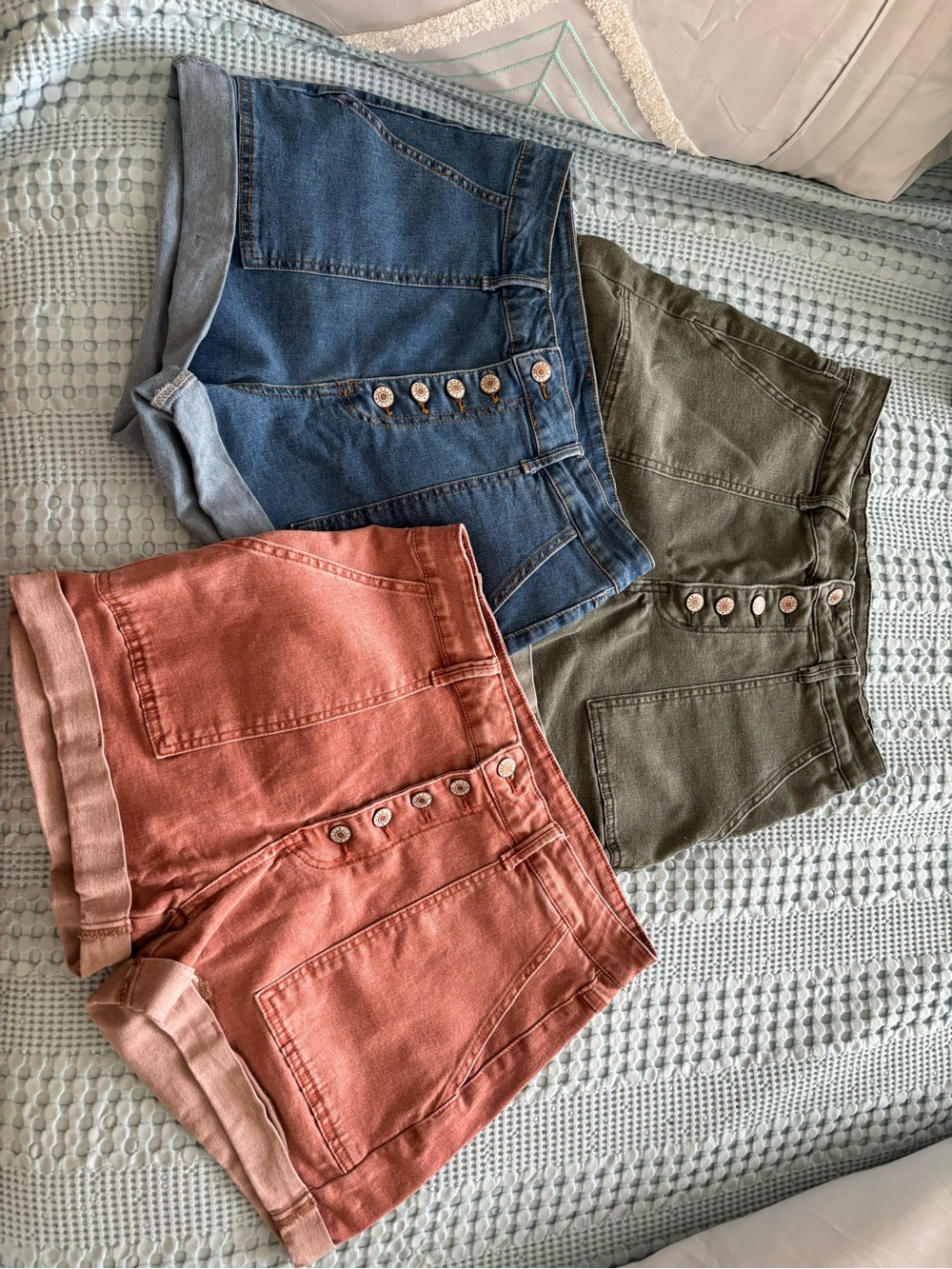 3-pack of Casual Button-Front Women’s Jean Shorts — Blue, Olive, Rust